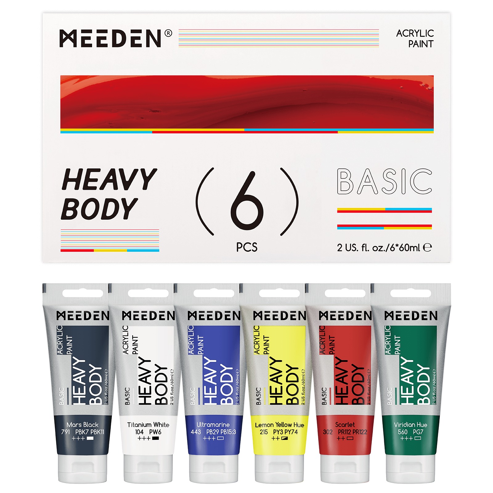 סט 6 צבעי אקריליק מקצועיים (MEEDEN) - 60 מ"ל