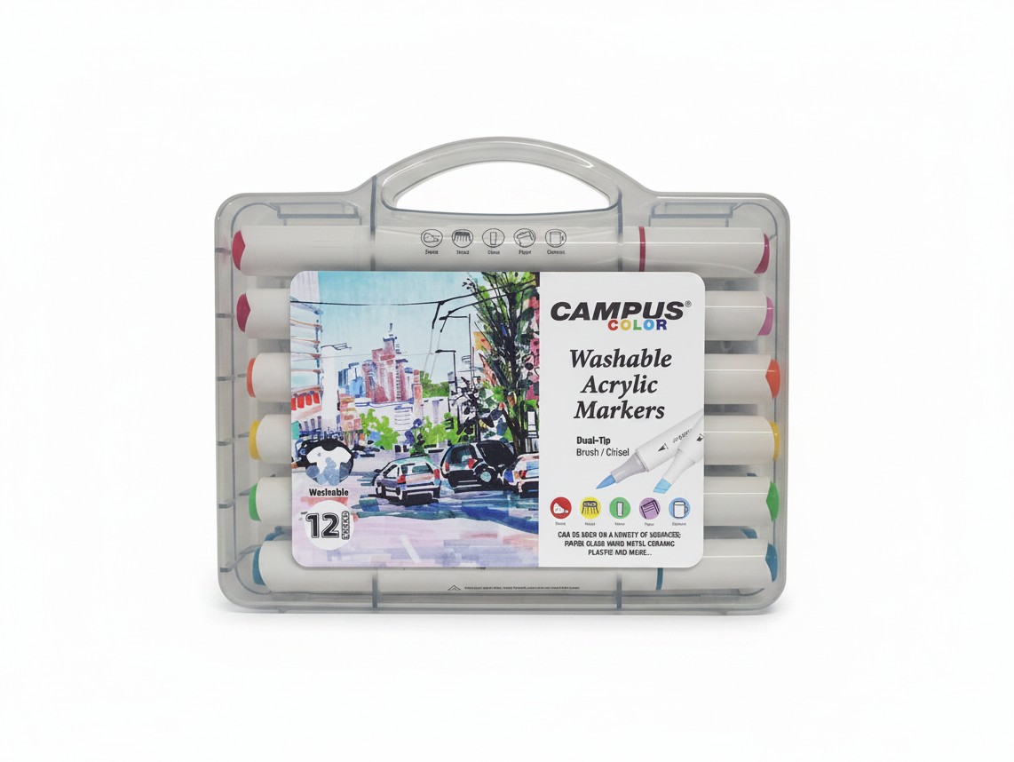 מארז 12 טושים אקריליים רחיצים דו-צדדיים - Campus Color