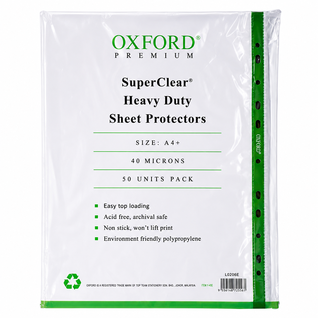 אוקספורד פרימיום - מגני דפים שקופים Heavy Duty A4+ 40 מיקרון 50 יחידות