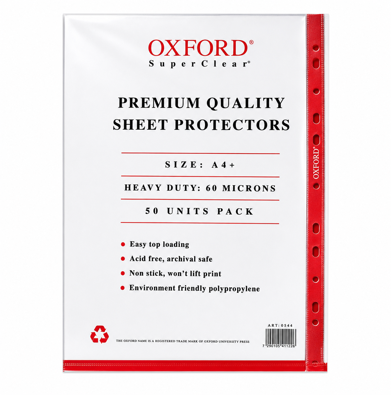 מגני דפים שקופים Oxford SuperClear A4+ כבד 60 מיקרון – חבילת 50 יחידות